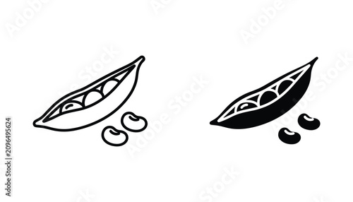 Tableau sur toile Pea pod vector icon isolated on white Black and white outline line art and solid