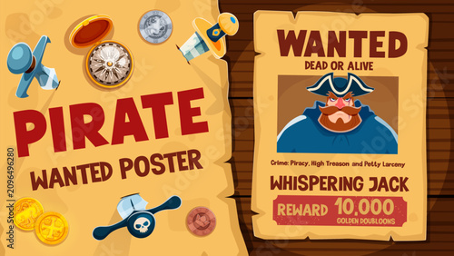 Принти на полотні Vintage pirate wanted poster reward for corsair Whispering Jack with stern captain portrait