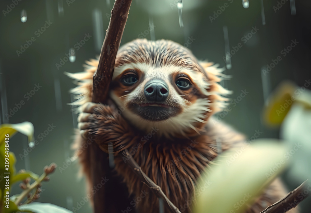 Fototapeta premium Close-up of a playful sloth holding a branch in the rain