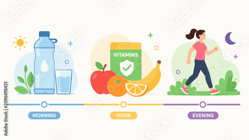 Konstfotografi Healthful daily routine illustrated with morning, noon, and evening activities
