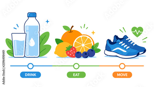 Foto Healthy lifestyle illustrated with drink, eat, and move symbols