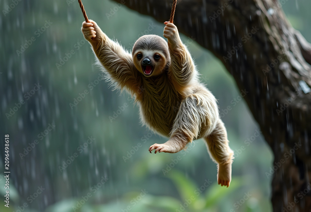 Fototapeta premium Playful sloth swinging on rope in rain