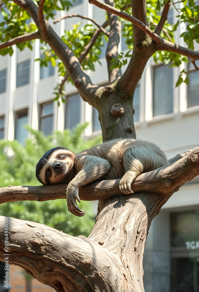 Fototapeta premium Content sloth lying on urban tree branch