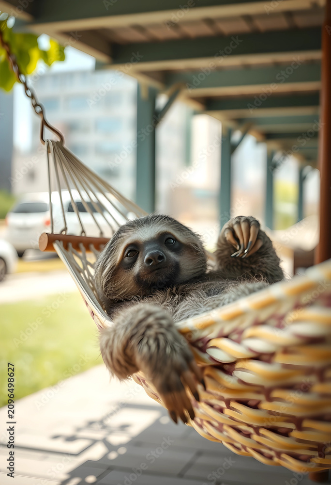 Fototapeta premium Relaxed sloth lying in hammock in urban setting