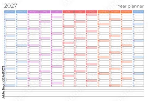 2027 Year Planner Calendar. Corporate Business Schedule Template. Vector Illustration