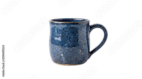 Rustic blue ceramic mug with speckled glaze, handmade stoneware coffee cup on white background, artisanal pottery tea mug for kitchen and home decor