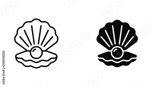Pearl in shell vector icon isolated on white Black and white outline line art and solid glyph silhouette