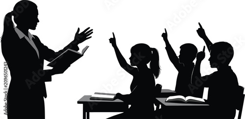 Konstfotografi Teacher with book and students raising hands in classroom education learning