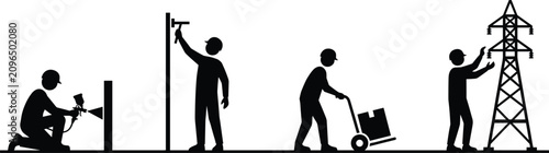 Workers performing various industrial tasks including painting, delivery, and power line maintenance
