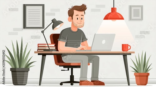 Cartoon male freelancer working from home with laptop, graphic animation