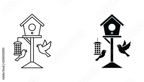 Canvastavla Bird feeder vector icon isolated on white Black and white outline line art and s