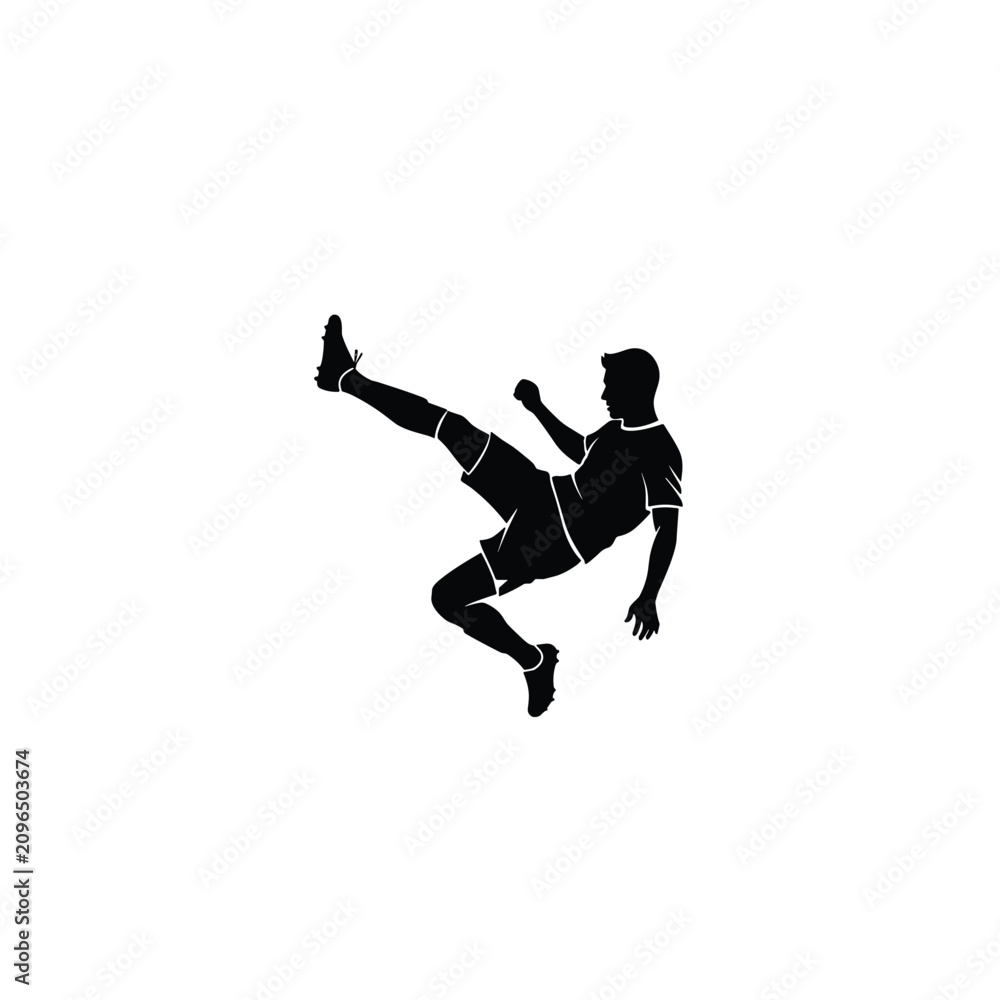 Fototapeta premium Energetic silhouette of a soccer player executing a powerful high kick, demonstrating agility and advanced ball control.