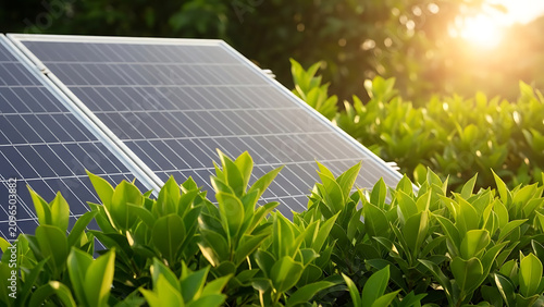 Close up of solar panels partially hidden by lush green leaves in the sunlight, representing the integration of renewable energy into natural environments