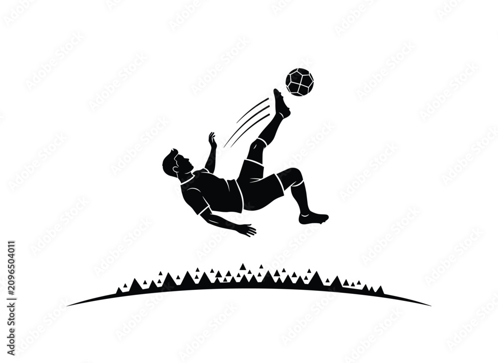 Fototapeta premium Spectacular silhouette of a soccer player performing an acrobatic overhead kick above a stylized ground element, symbolizing skill.