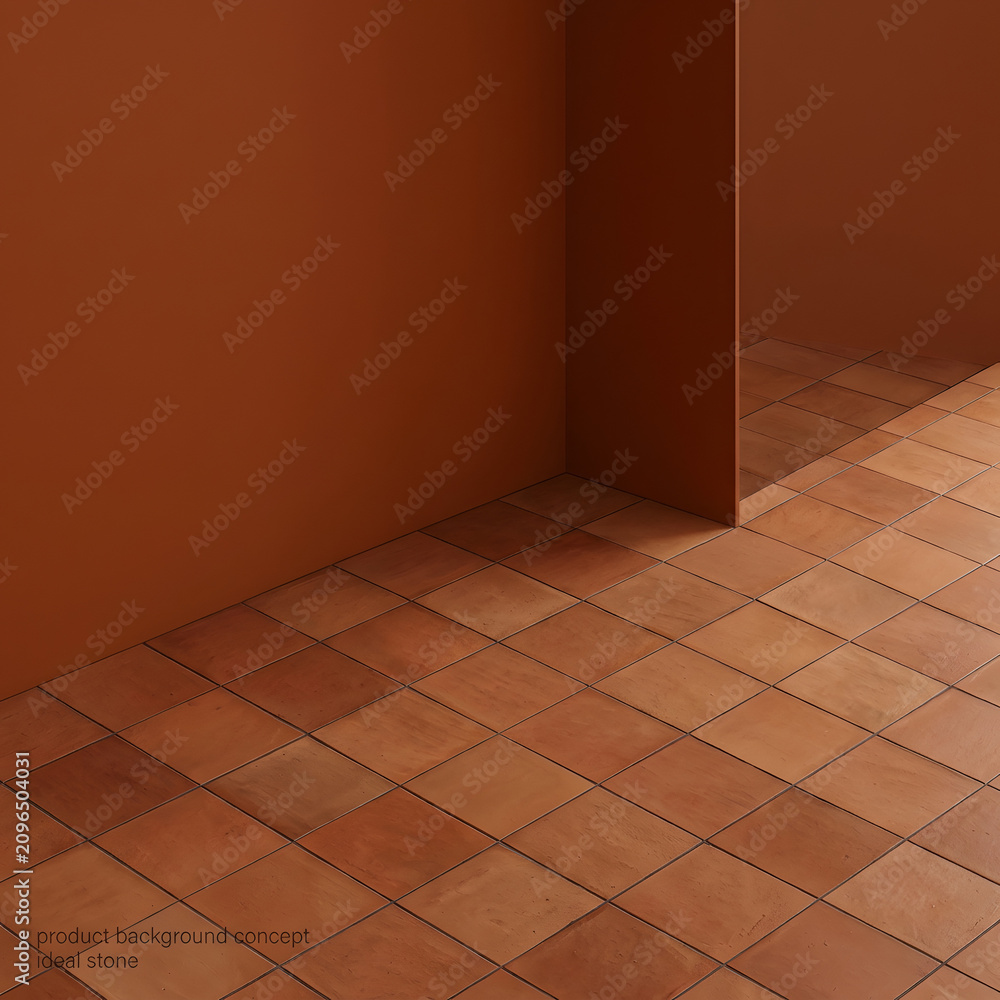 Fototapeta premium Empty terracotta tiled corner with warm lighting for product showcase and interior design concepts