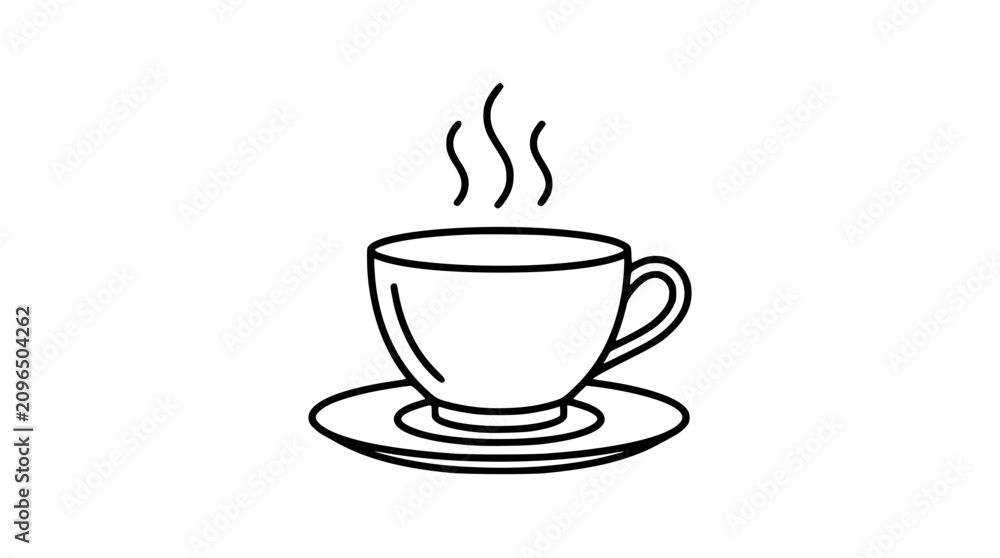 Fototapeta premium Hot Beverage Cup Outline Vector Design Featuring Steaming Coffee Mug and Saucer for Cafe Identity, Breakfast Menu Layouts, and Restaurant Branding Elements