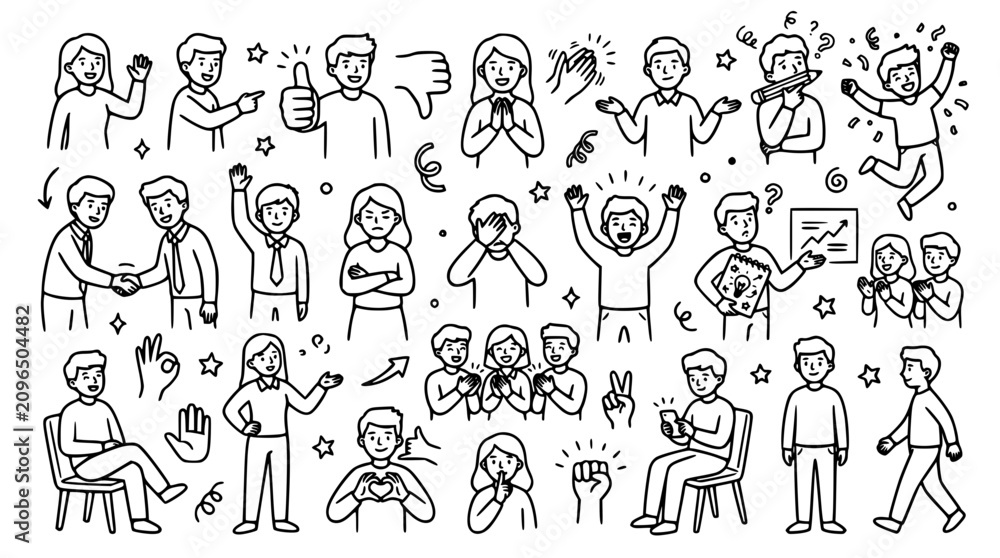 Obraz premium Hand drawn business people character doodle set featuring office workers with various emotions, gestures, poses, and expressions for graphic design