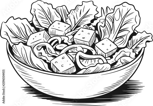 Cuadro en lienzo シンプルな陶器のボウルに盛られた新鮮な野菜サラダの手描き白黒イラスト