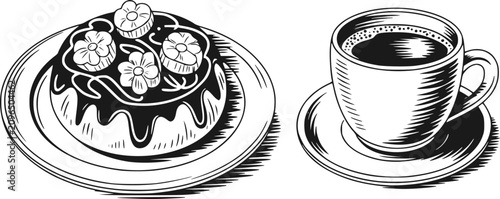 Konstfotografi 花をトッピングした美味しいチョコレートケーキとコーヒー1杯の手描き白黒イラスト