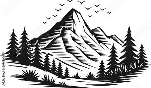 Quadro em tela 松の木に囲まれた山頂を特徴とするミニマリストな白黒画