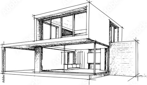 Foto 大きなガラス窓とオープンリビングルームのフロアプランを備えた近代的な2階建て住宅의 建築画