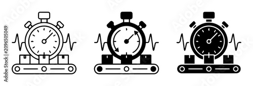 Conveyor belt stopwatch icons, production line, time management, logistics, industry