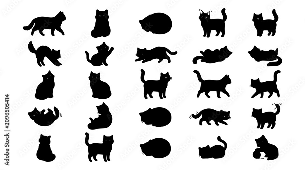 Obraz premium Black cat silhouette icon set featuring domestic felines in various active, playing, sleeping, and walking poses for graphic design projects