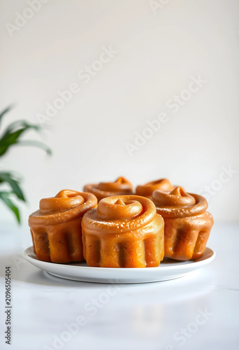 Five canele pastries on a w...