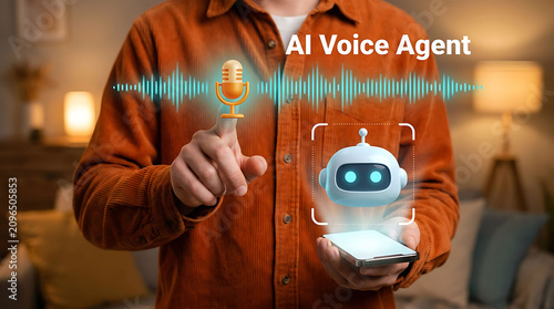 Man using AI voice agent assistant technology on smartphone at home