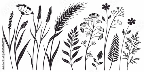 Foto Black and white botanical line with leaves and asterisk symbols