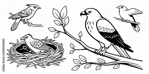 Obraz na plátně Black and white line of birds perched on branches