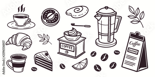 Fotografía Coffee brewing tools, beans, and accessories flat set
