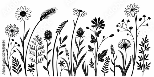 Εκτύπωση καμβά Delicate white daisies with green stems and leaves in a row