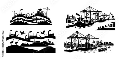 Industrial landscape silhouettes factories ports and environmental impact depictions