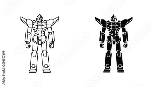 Robot vector icon isolated on white Black and white outline line art and solid glyph silhouette