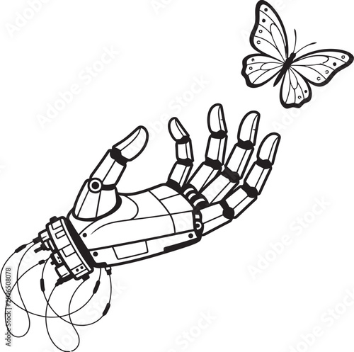 Robotic Hand Interacting with a Delicate Butterfly Vector Lineart
