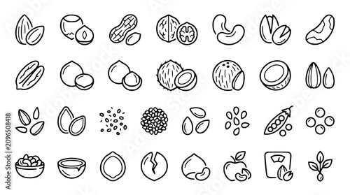 Schilderij op canvas Nuts and seeds line icon set featuring almond peanut walnut cashew pistachio coc