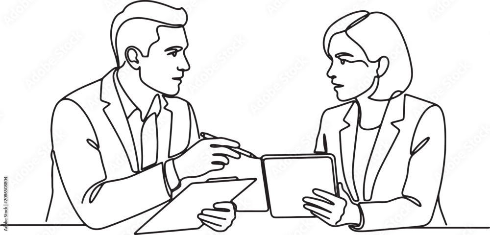 Obraz premium Two professionals in business attire discussing documents suits discussion office