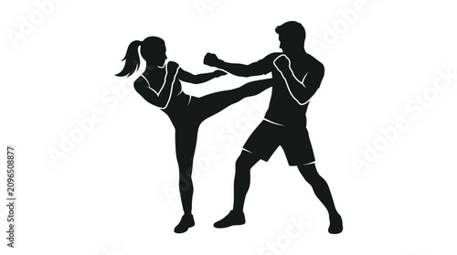 Quadro su tela Martial arts silhouette depicting a kick and punch black on white