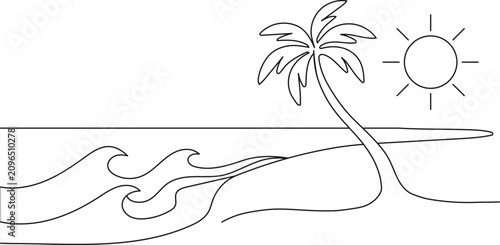 Tropical Beach Coloring Page with Palm Tree Sun and Ocean Waves