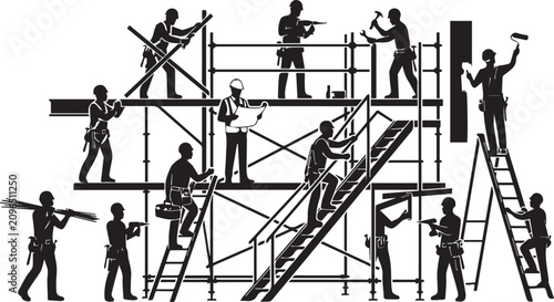 Construction workers on scaffolding. Building renovation team with silhouettes