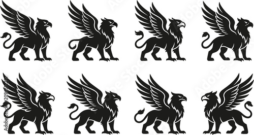 Konstfotografi Mythical Griffin Silhouette Mascot Set with Majestic Winged Creatures for Herald