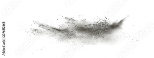 Bild auf Leinwand Explosion of gray powder particles mid-air, creating dynamic abstract cloud-like formation against clean white background, conveying energy motion