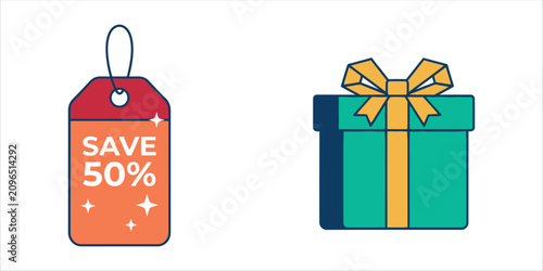 Sale tag with 50 percent discount and gift box icon