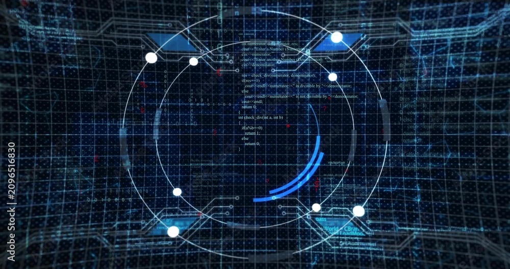 Naklejka premium HUD ring appearing initiating blue arc rotating nodes pulsing code scrolling showing system status