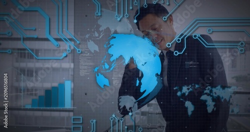 Phone call starting holo globe rotating while midadult Asian exec gesturing and showing global data