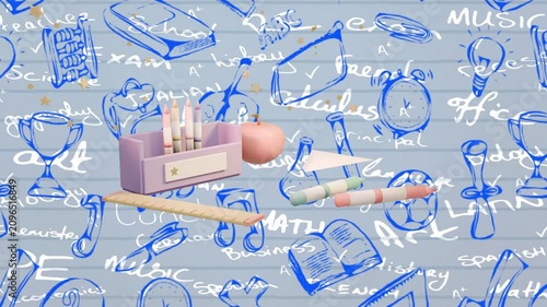 Pink sphere appearing, drifting, pastel supplies moving and rotating, assembling neat desk grouping