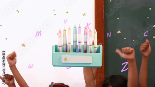 Kids raising thumbsup causing teal box rising and filling with pastel crayons, stars celebrating