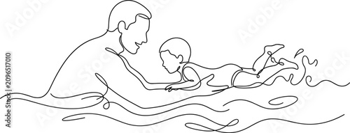 Continuous line drawing of father teaching baby to swim.