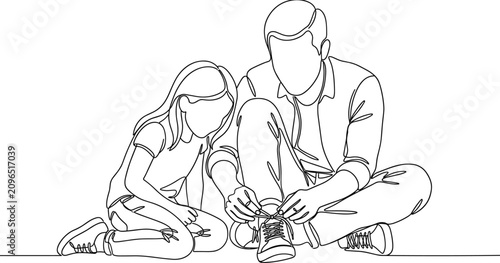 A father teaching his young daughter to tie her shoelaces line art illustration.